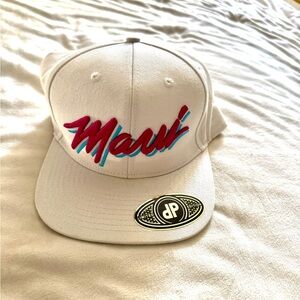 White 'Maui' Embroidered Snapback Hat Miami Vice retro lettering